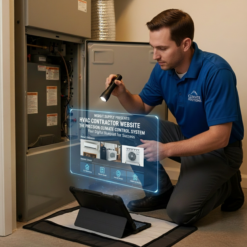 Man in blue shirt using a tablet with a holographic display in front of an HVAC unit.