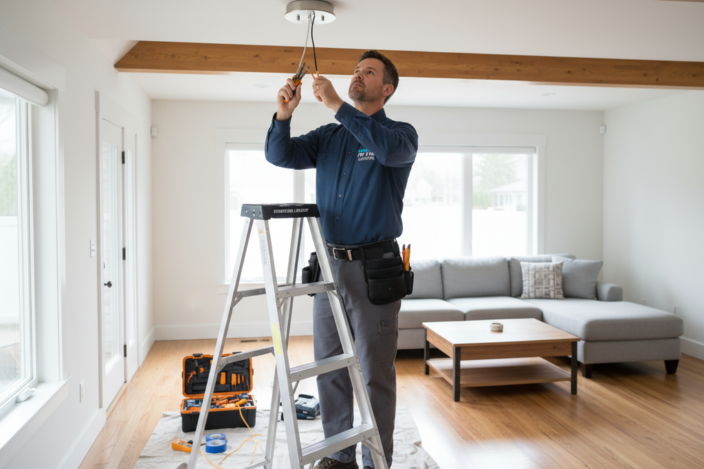 Electrical contractor replacing a light fixture in residential home 